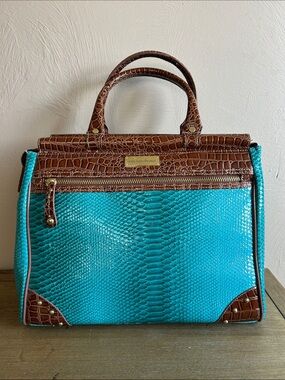 Samantha Brown Turquoise & Brown Faux Croc-Trim Travel Bag. Double Handle.